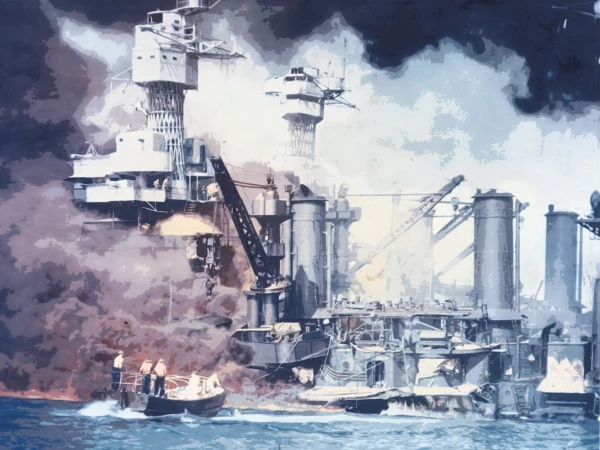 Incendie des bâtiments de guerre américains à Pearl Harbor après l'attaque japonaise (NARA)